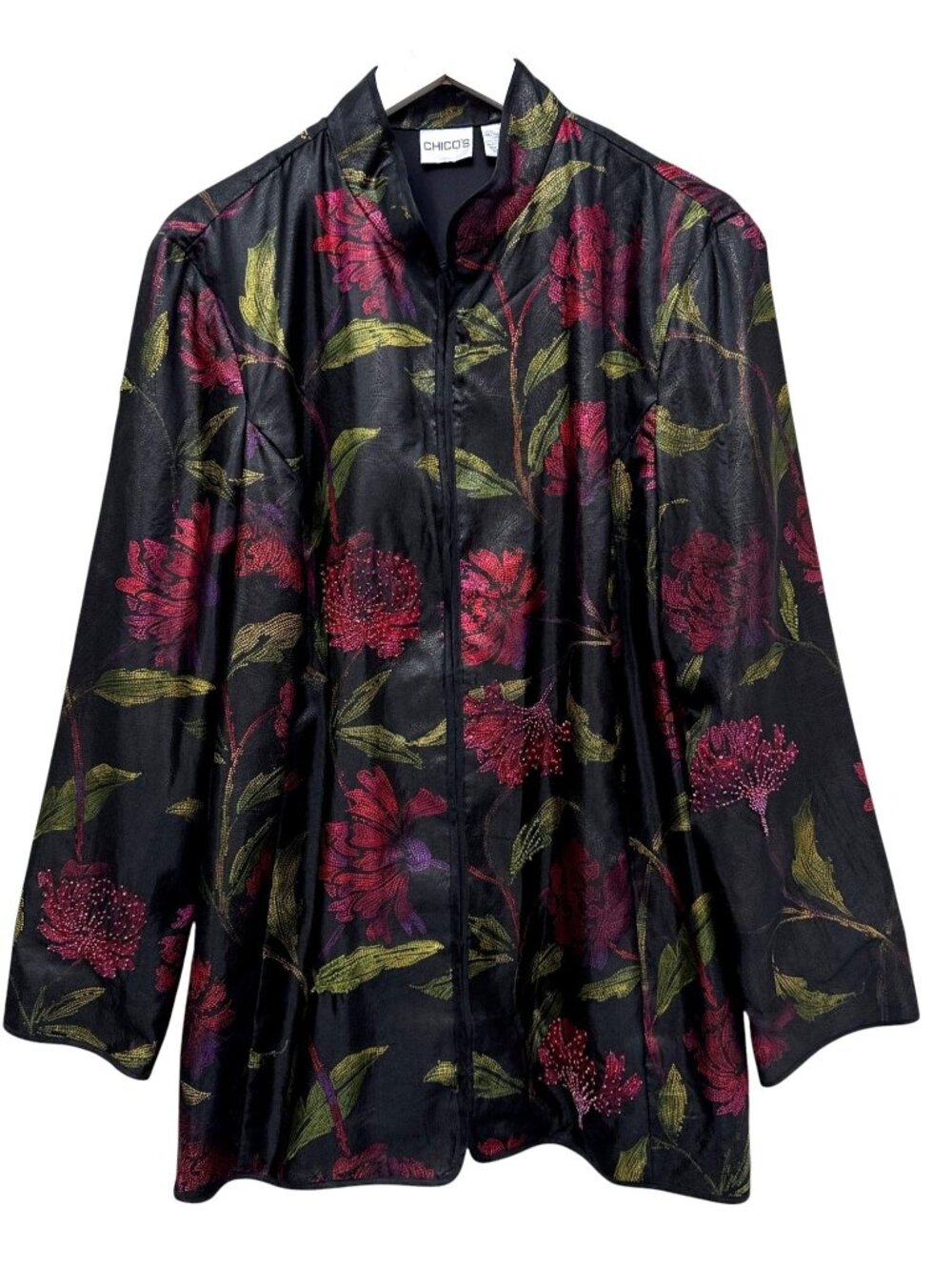 Chico's Silk Jacket XL Black Red Floral Beaded Asian Tunic Artsy Blouse